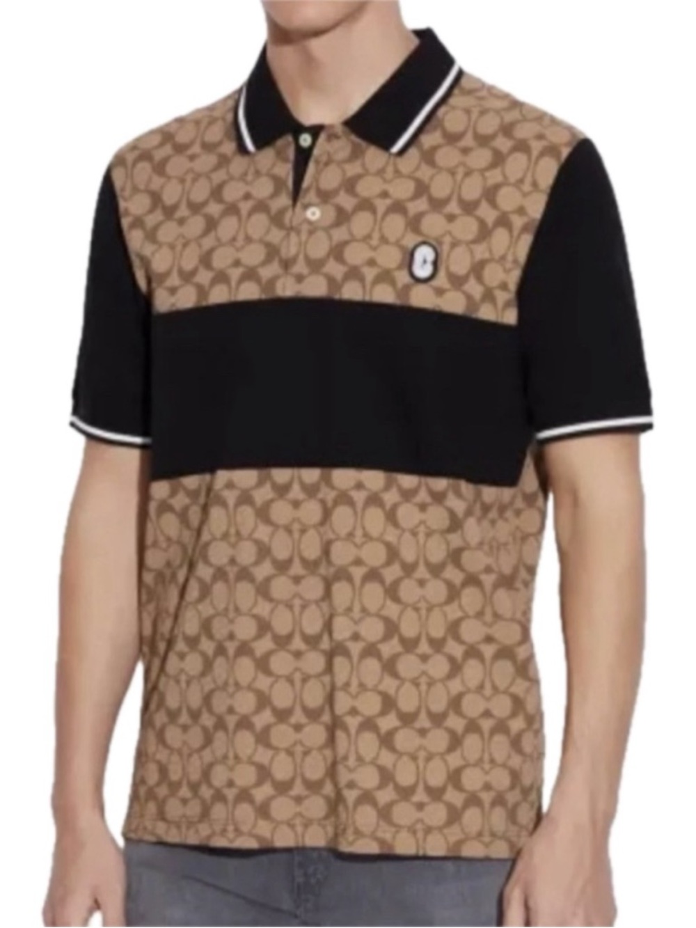 Coach Men's Polo Chambry Signature Short-Sleeve Shirt C9605 Tan and Black